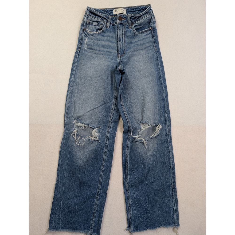 BKE Womens Wide Leg Jeans 25 Billie High Rise Distressed Raw Hem Blue